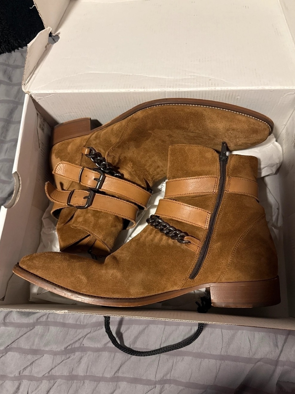 Aldo Men's Tan Suede Ankle Boots with Leather Straps & Chain